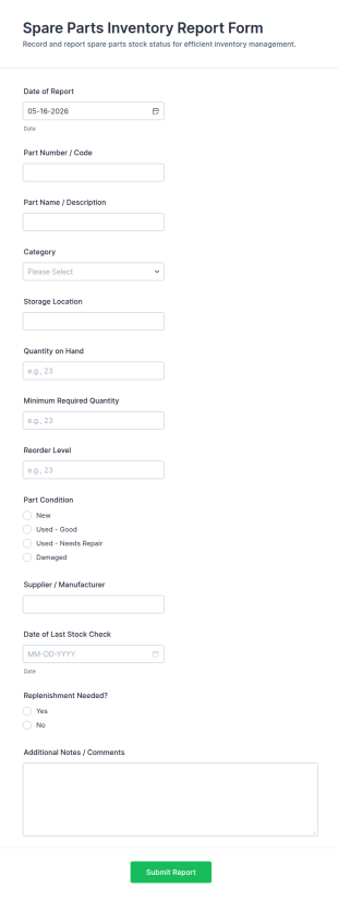 Spare Parts Inventory Report Form Template