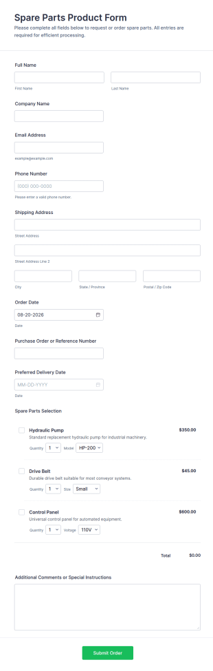 Spare Parts Product Form Template