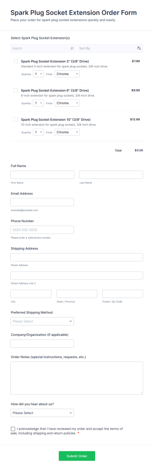 Spark Plug Socket Extension Order Form Template