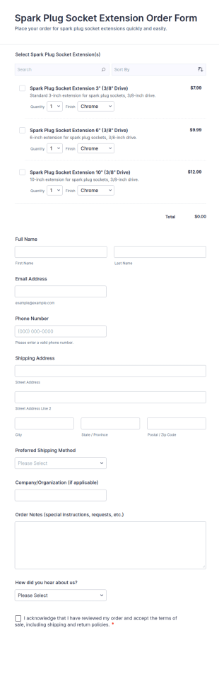 Spark Plug Socket Extension Order Form Template
