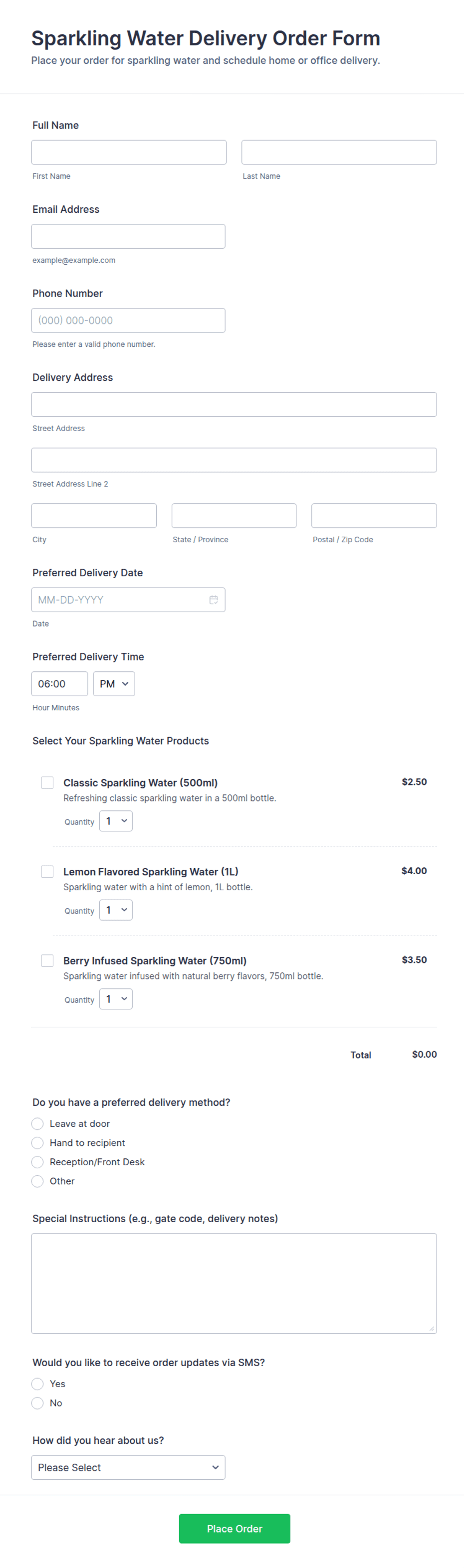Sparkling Water Delivery Order Form Template | Jotform