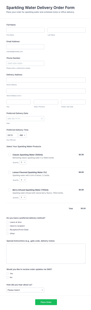 Sparkling Water Delivery Order Form Template