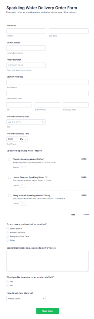 Sparkling Water Delivery Order Form Template