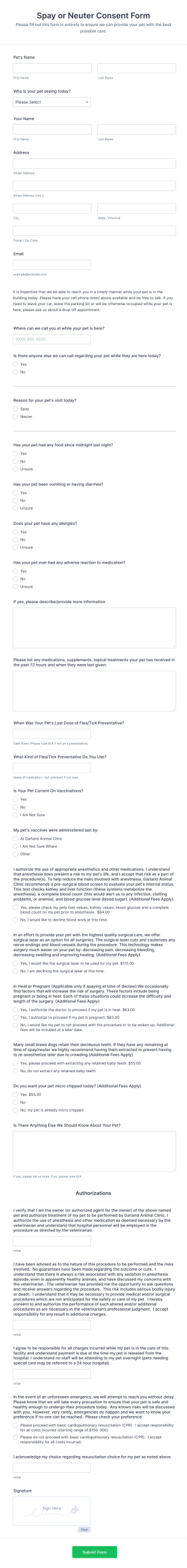 Spay And Neuter Consent Form Template