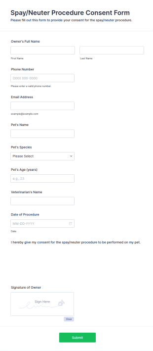 Spay/Neuter Procedure Consent Form Template