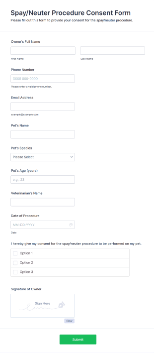 Spay/Neuter Procedure Consent Form Template