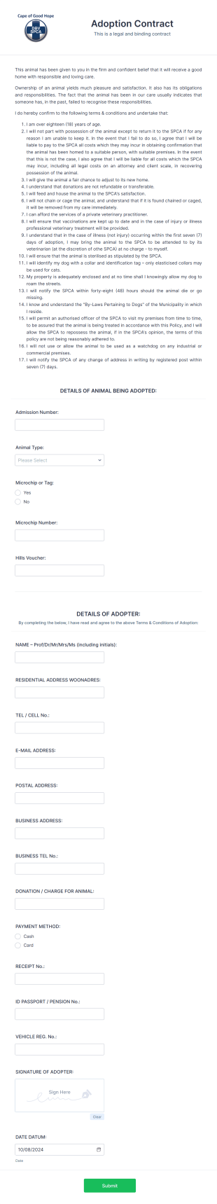 SPCA Adoption Contract Form Template