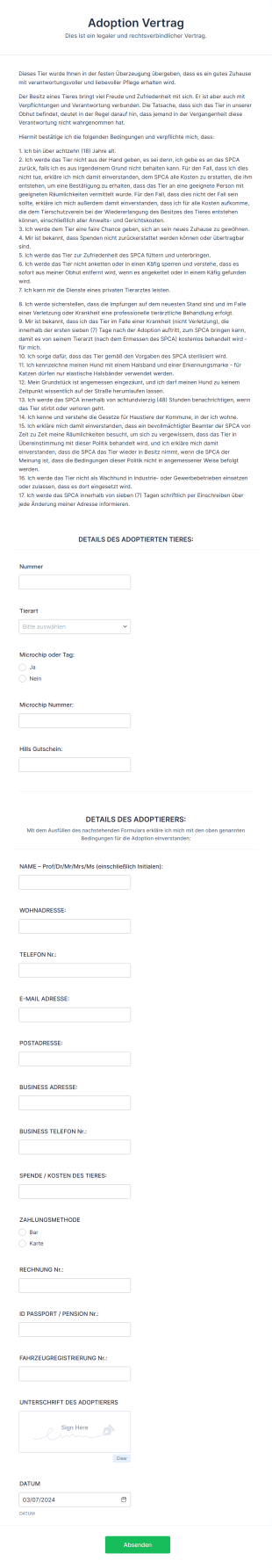 SPCA Adoption Vertrag