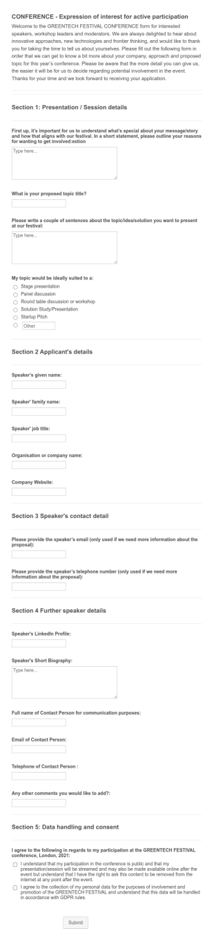 Speaker Application Form Template