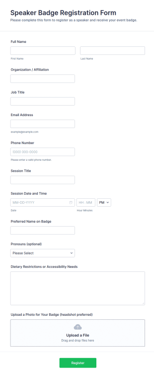 Speaker Badge Registration Form Template