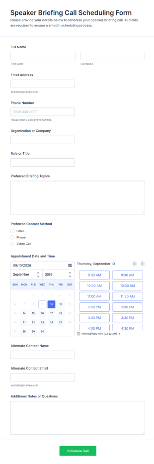 Speaker Briefing Call Scheduling Form Template