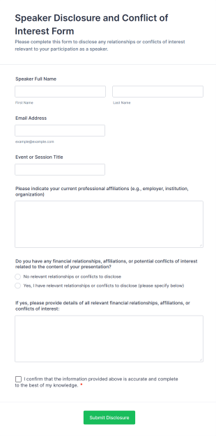 Speaker Disclosure And Conflict Of Interest Form Template