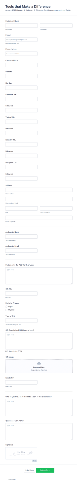 Giveaway Partner Registration Form Template