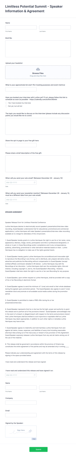 Speaker Information And Agreement Form Template