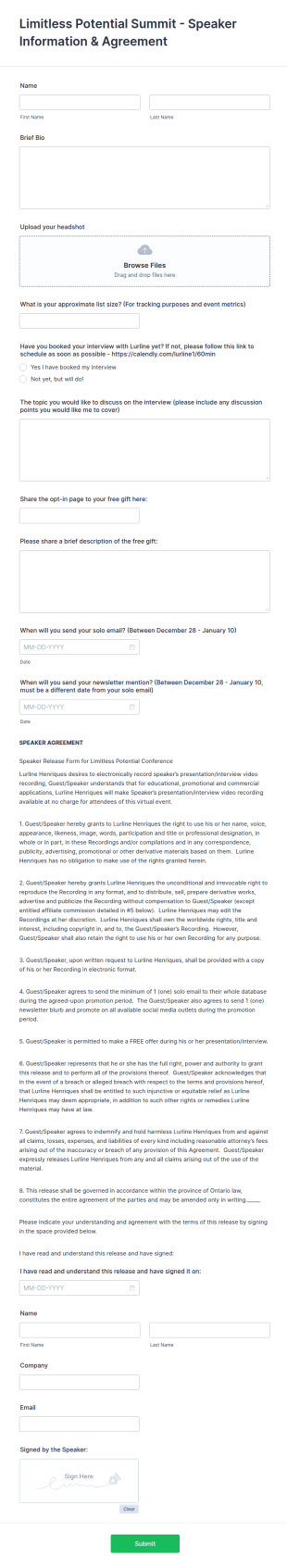 Speaker Information And Agreement Form Template
