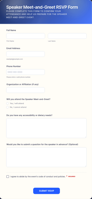 Speaker Meet And Greet RSVP Form Template
