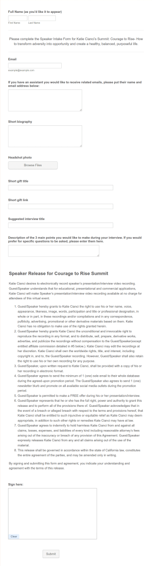 Speaker Release Form Template