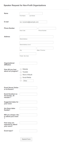 Nonprofit Organization Speaker Request Form Template