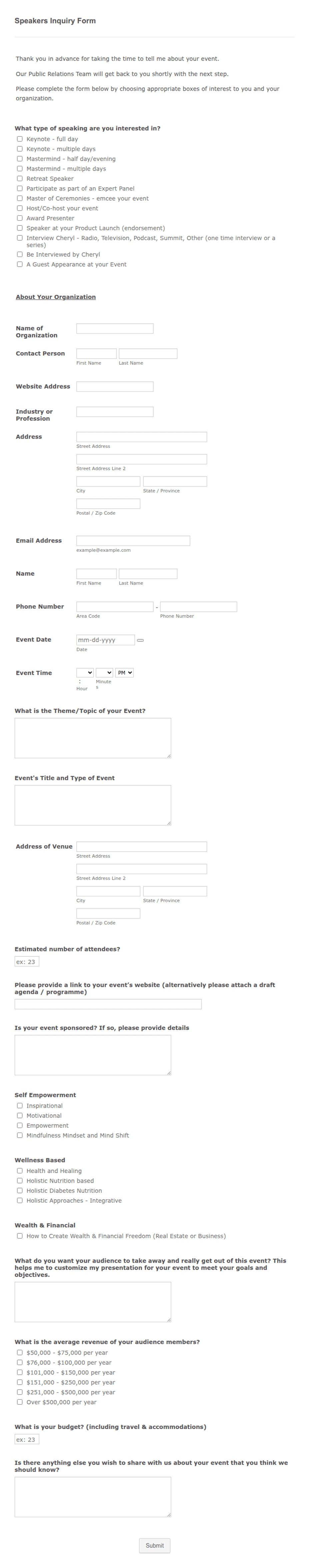 Speakers Inquiry Form Template | Jotform
