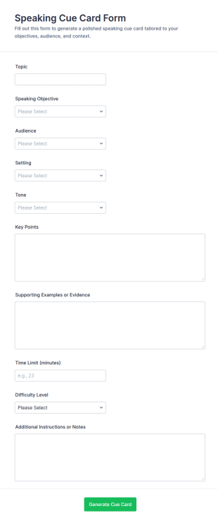 Speaking Cue Card Form Template