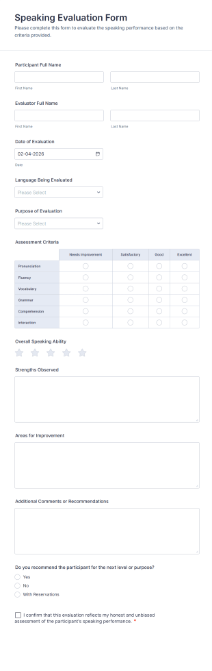 Speaking Evaluation Form Template
