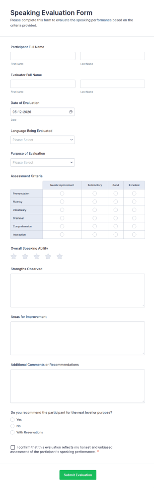 Speaking Evaluation Form Template