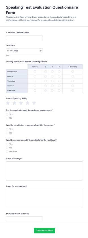 Speaking Test Evaluation Questionnaire Form Template