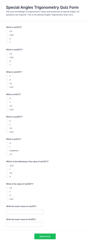Special Angles Trigonometry Quiz Form Template
