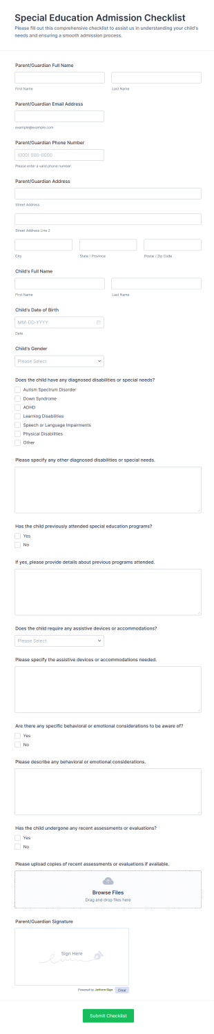 Special Education Admission Checklist Form Template