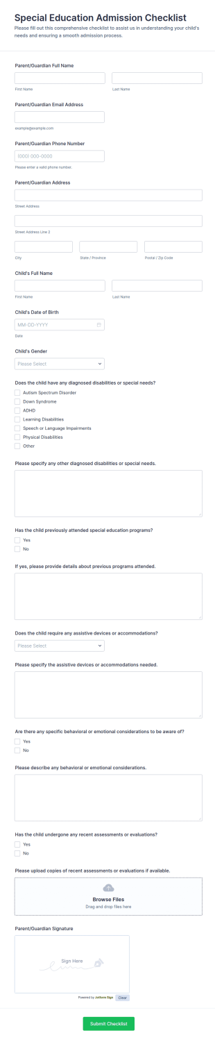 Special Education Admission Checklist Form Template
