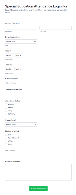 Special Education Attendance Login Form Template