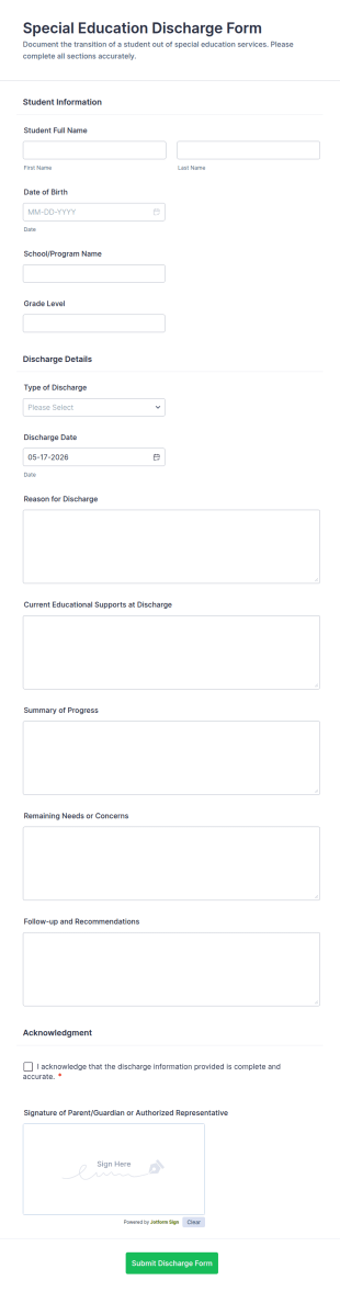 Special Education Discharge Form Template