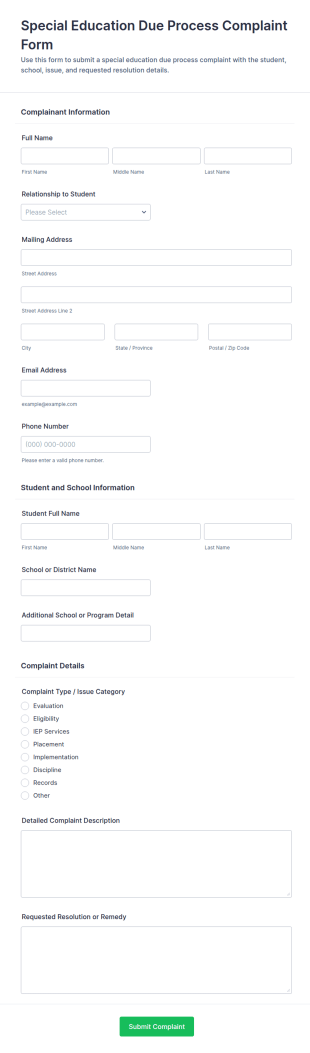 Special Education Due Process Complaint Form Template