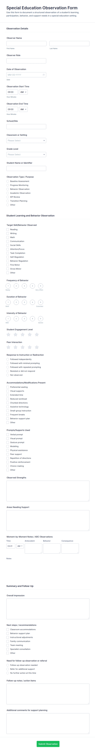 Special Education Observation Form Template