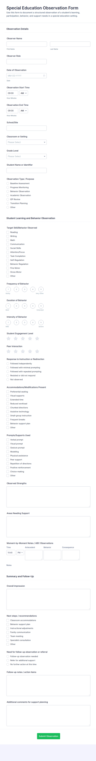 Special Education Observation Form Template