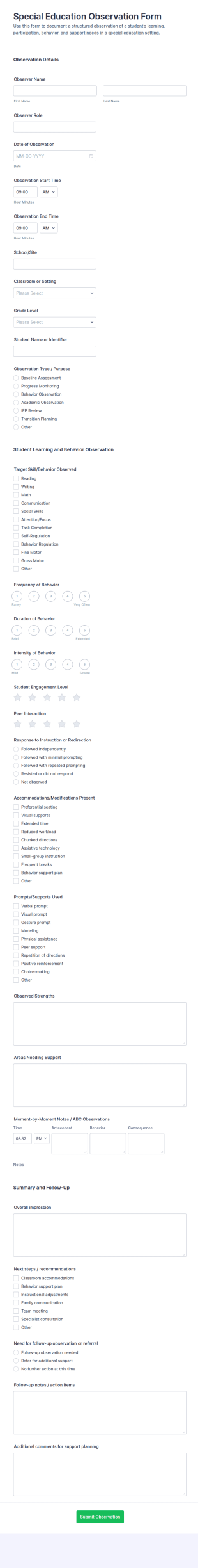 Special Education Observation Form Template