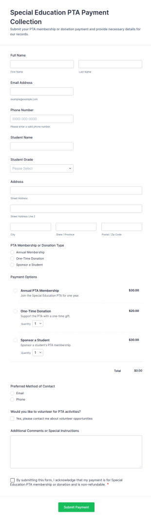 Special Education PTA Payment Collection Form Template
