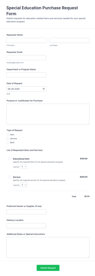 Special Education Purchase Request Form Template