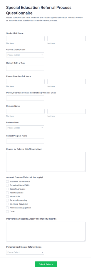 Special Education Referral Process Questionnaire Form Template