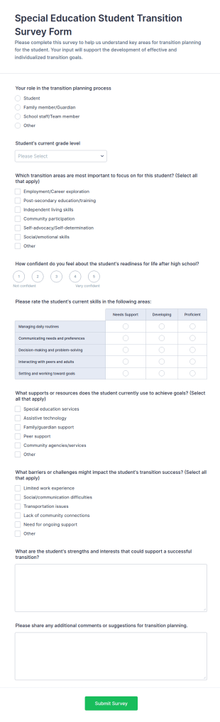 Special Education Student Transition Survey Form Template