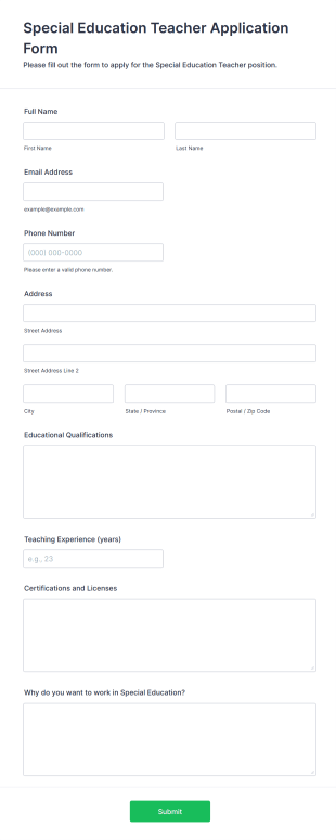 Special Education Teacher Application Form Template