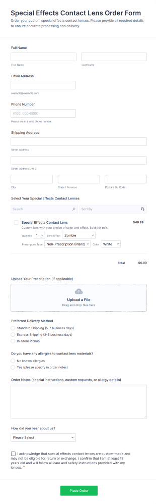 Special Effects Contact Lens Order Form Template