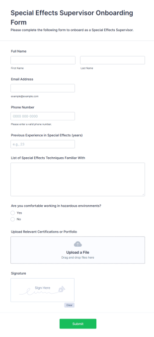 Special Effects Supervisor Onboarding Form Template