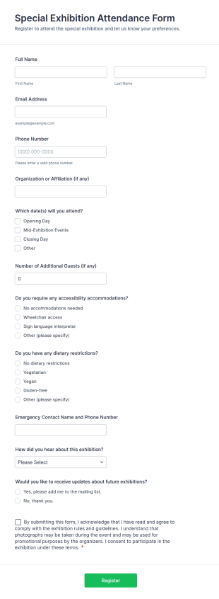 Special Exhibition Attendance Form Template