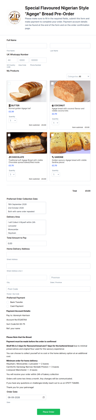 Special Flavoured Bread Pre Order Form Template