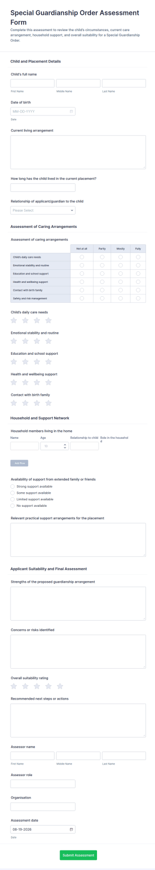 Special Guardianship Order Assessment Form Template
