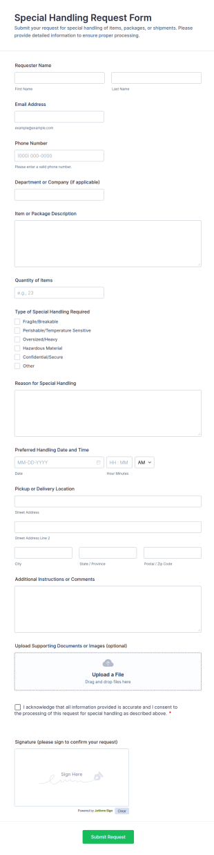Special Handling Request Form Template