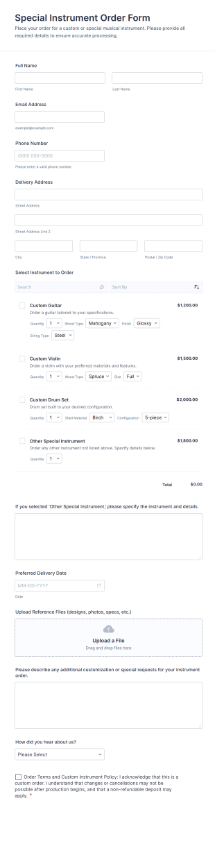 Special Instrument Order Form Template