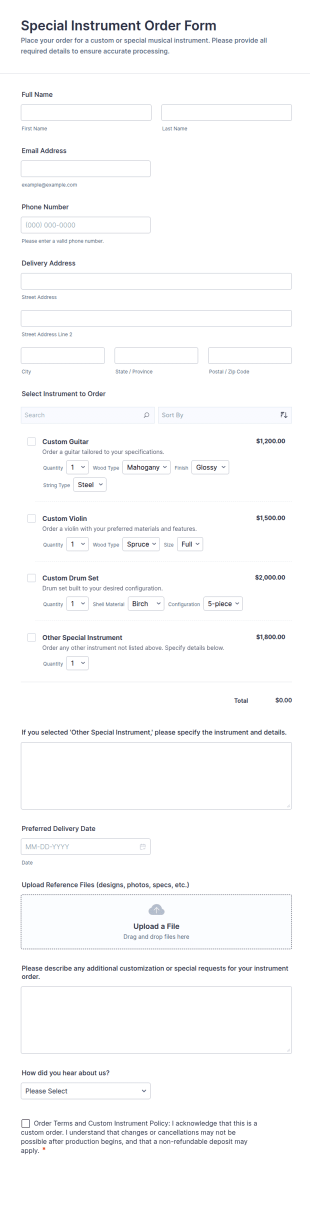 Special Instrument Order Form Template