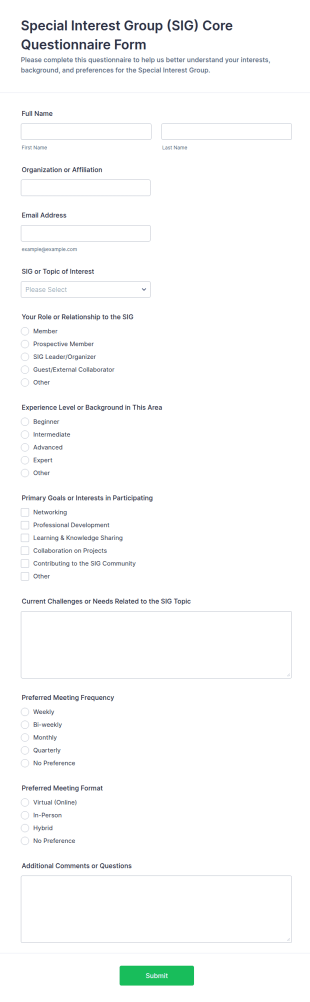 Special Interest Group (SIG) Core Questionnaire Form Template